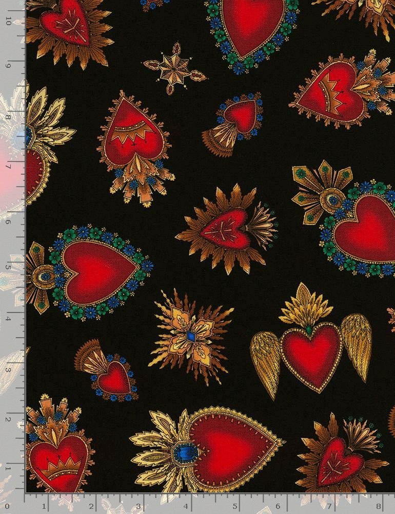 Heart Fabric | Day of Dead Sacred Heart Toss Black | Timeless Treasures YARD