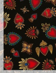 Heart Fabric | Day of Dead Sacred Heart Toss Black | Timeless Treasures YARD