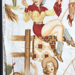 Alexander Henry Back In The Saddle 2008 Pinup Cowgirls White Fabric 2.6YD WASHED