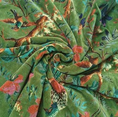 Luxury Soft Velvet Fabric Dress Sewing Upholstery Velvet Green Birds Printed Art