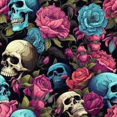Skulls and roses Printed Cotton Fabric By The Yard