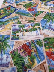 1 yd Tropical Vacation Fabric D#12386 Cotton 42 inches wide Postcards Birds Boat