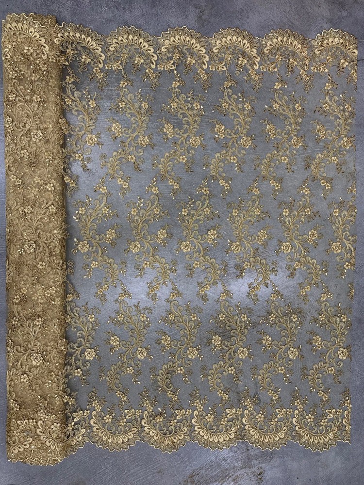 Melody GOLD Polyester Floral Embroidery with Sequins on Mesh Lace Fabric by the