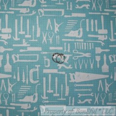 BonEful Fabric FQ Cotton Quilt Blue Wood Craft Tool Garage Craftsman Sale Retro