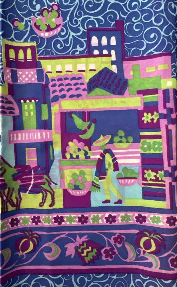 Vtg Novelty Border Print Fabric Spanish Caribbean Tropics Scene 4yds x 46in