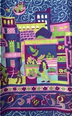 Vtg Novelty Border Print Fabric Spanish Caribbean Tropics Scene 4yds x 46in