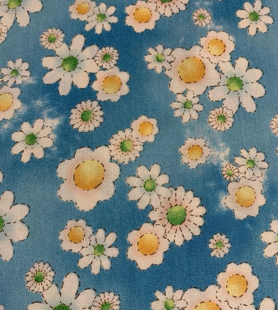 Daisy Floral Fabric By RED Original Designs White Yellow On Distressed Blue BTHY