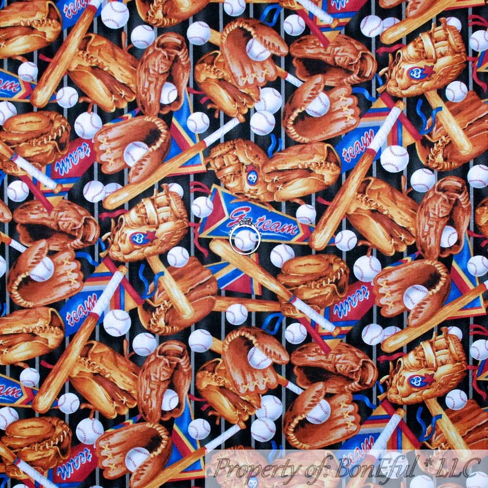 BonEful Fabric FQ Cotton Quilt Black Blue Red White Baseball Bat Glove Boy Team