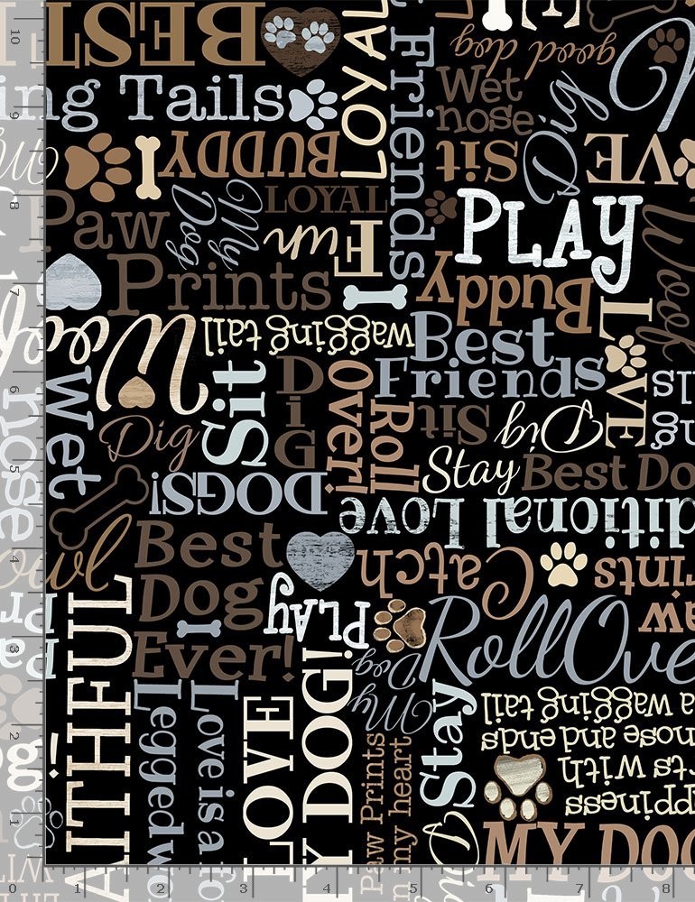 Animal Fabric | Dogs Rule Love My Dog Text Black | Timeless Treasures YARD