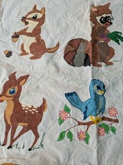Vintage Hand-Painted Woodland Animal Fabric Panels (2) 19×22 Squirrel Raccoon