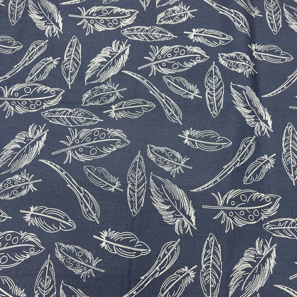 Panache White Feathers Navy Blue Cotton Canvas Fabric BTY #41
