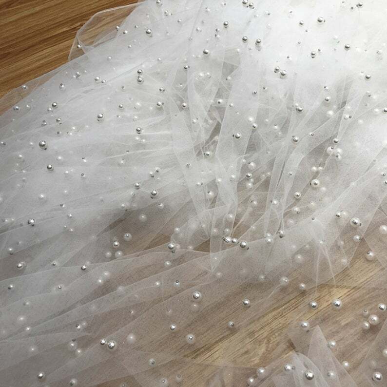 Beaded Pearls Mesh Tulle Lace Fabric DIY Wedding Bridal Dress 59″ Wide By 1 Yard