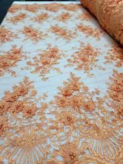Orange 3D Flowers Beaded Lace Embroidered Mesh Fabric – Sold by the Yard