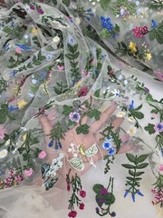 Embroidery Multicolor Floral Lace Beige Mesh Fabric Sold By The Yard Pink Yellow