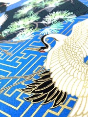 Japanese fabric cranes birds art deco black blue gold heron stork asian chinese