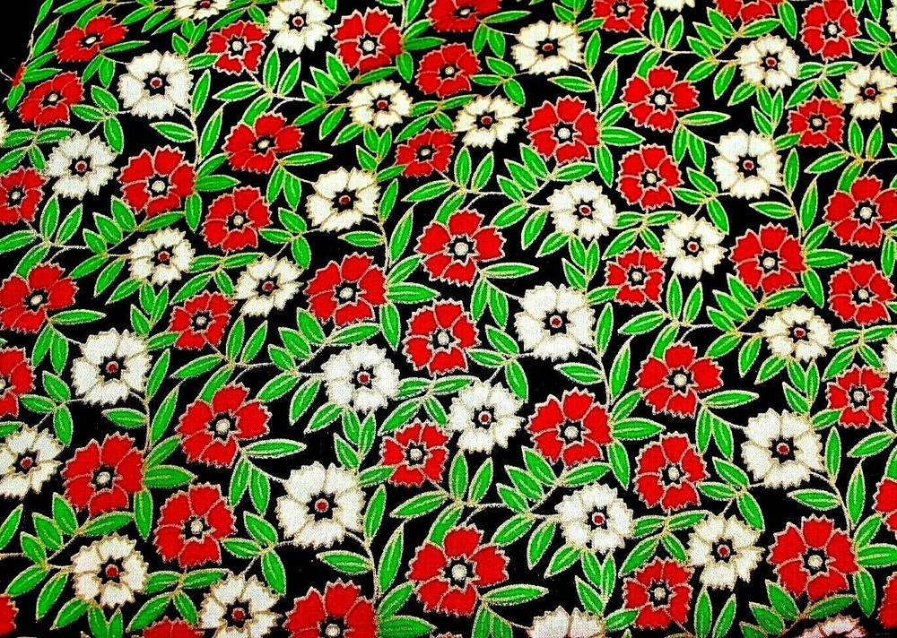 Christmas Floral Red & White Flowers Black Ground Gold Highlights Cotton BTHY