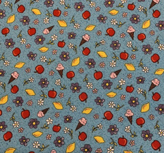 “Village People” Floral Fabric By Fabri-Quilt Apples Lemons Ice Cream Blue BTY