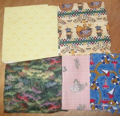 5 fabric lot cotton prints kitchen bear, yellow, forest, pink dolls, sailboats