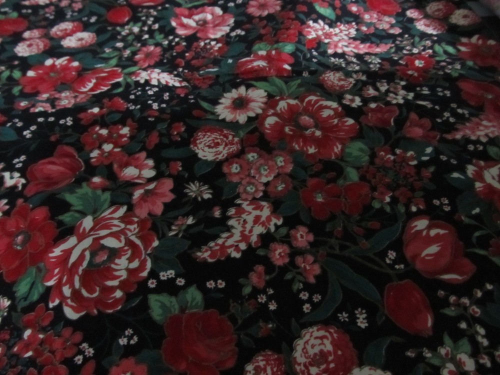 4 YARDS REDS AND PINKS FLORAL FABRIC WITH BLACK BACKGROUND 100% COTTON