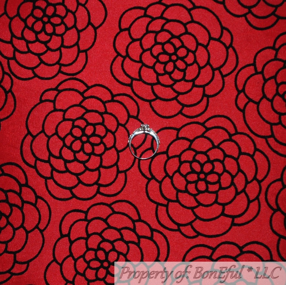 BonEful FABRIC FQ Woven Silky DECOR VTG Red Black Flower Girl Dress Fabric Xmas