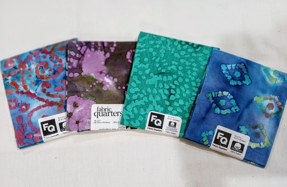 4 Bundles New Batik Fabric Fat Quarters JoAnn 18″x 21″ purple blue green India