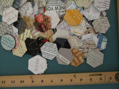 Quilt Block Fabric Basted 1″ Hexagons Lot of 211 All Print Words for EPP Crafts