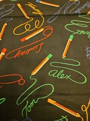 Cotton Fabric Coloring Pencils And Signatures On Black 4.25 Yards X 44″ Wide
