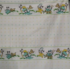 2 yd Vtg Playful Bunny Figures Yellow Turquoise Nursery Baby Cotton Fabric