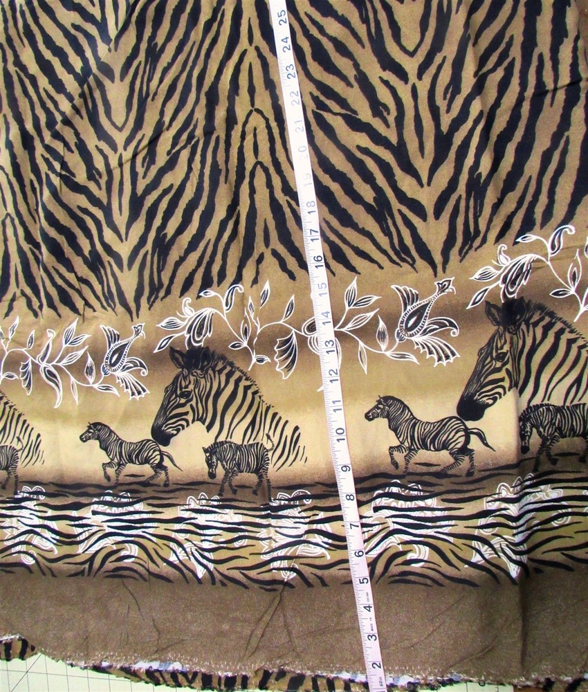 1 yd x 54″ Rayon Fabric Single Border Zebras & Florals, Tans (greenish Tint)