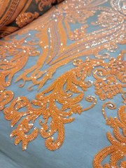 Orange Sequin Embroidered Lace Brown Stretch Mesh Fabric by the Yard For Dress