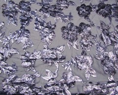 Navy Blue & Silver floral Velvet Burnout on chiffon Fabric By the Yard 45″ W