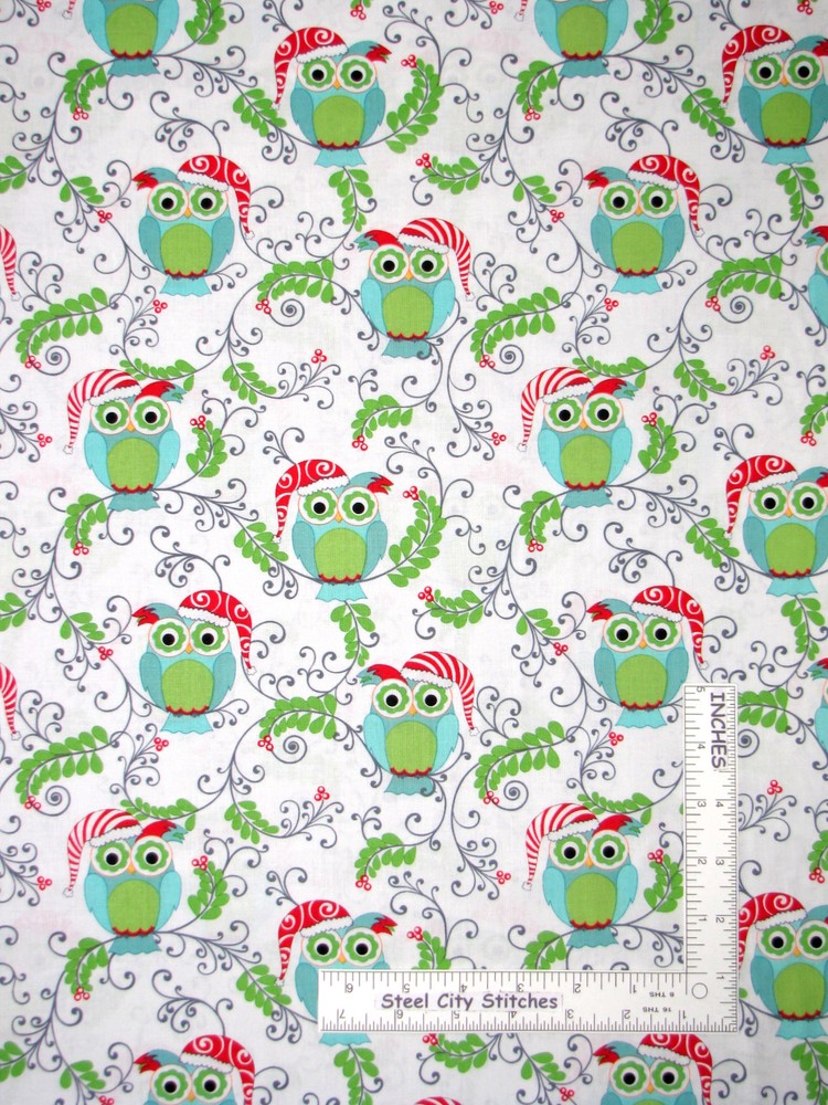 Christmas Owl Santa Hats White Cotton Fabric Benartex #4773 Frosty Forest ~ YARD