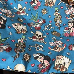 2019 Fabric Retro Sailor Tattoo Pin Ups Anchors Skulls Cotton Blue Multi 18×44″