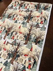 SUSAN WINGET Winter Church Scenic SNOW FALLING Bare TREES Red Cardinals BTY 44″W