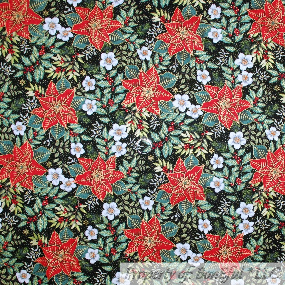 BonEful Fabric FQ Cotton Quilt Black Red Gold Metallic Poinsettia Flower Xmas US