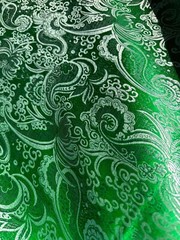 Emerald Green & Silver Paisley – Faux Silk Brocade Jacquard Fabric
