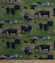 Farm Animals Cows Calf Calves Chickens Field Cotton Fabric Print by Yard D563.31