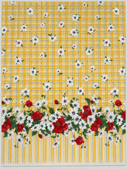 1 Yard 58″ Wide Daisy & Poppy Floral Border Fabric Yellow Plaid Cotton Quilt