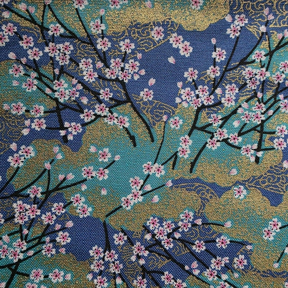 Japanese Floral in Teal & Navy Blue on Cotton Shirting w/ Metallic Gold