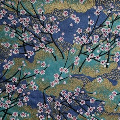 Japanese Floral in Teal & Navy Blue on Cotton Shirting w/ Metallic Gold