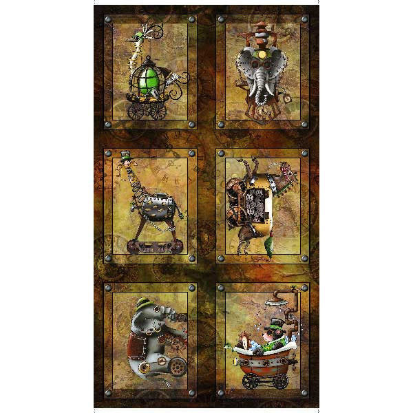 Steampunk Express Fabric Elephant Horse Giraffe Ostrich Cotton QT 24″ Panel