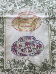 Vintage Braemore Design Screenprint Mint Green Teacup Fabric Remnant 54″ x 8′