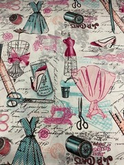 VINTAGE PARIS DRESS FRENCH WRITNG WOMEN SHOE SEWING CREAM COTTON FABRIC FQ