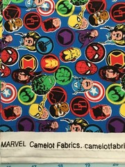 Licensed Marvel Cotton Fabric – Super Hero Stickers on blue background – 1/2 yd