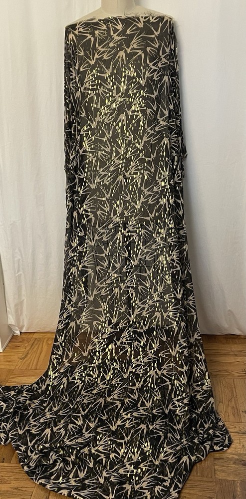 100% Silk Chiffon Birds Print Gold Lurex Black Fabric 1 Yard Long and 54″ Wide