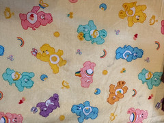 Care Bears Hearts, Moon etc. on Yellow Fabric by Cranston 2004 OOP BTFQ