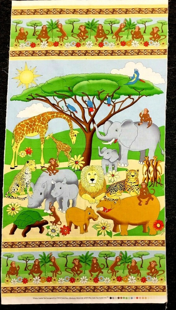Avlyn 23.5×44.5 Safari Lion Giraffe Elephant Monkey Hippo Cheetah Lemur Fabric