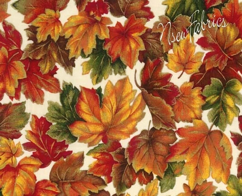 Autumn Fall Foliage Leaves Cotton Fabric and Metallic Highlights on cream BTHY