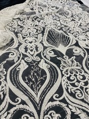 White Beaded Lace Fabric on Mesh – Luxury Sequin Embroidered Fabric