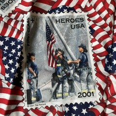 1/2 yard 2001 HEROES Fabric THE RECORD American Flags Sept 11 USA Stamp Firemen
